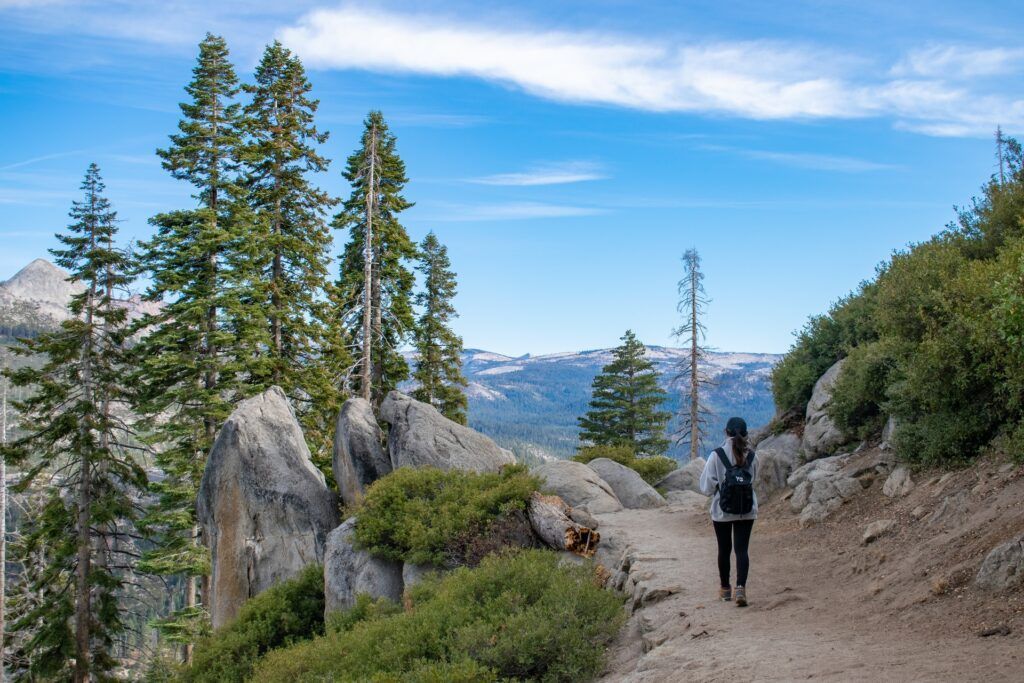 Une personne faisant une randonnée sur un sentier dans une zone montagneuse et boisée du parc national de Yosemite.