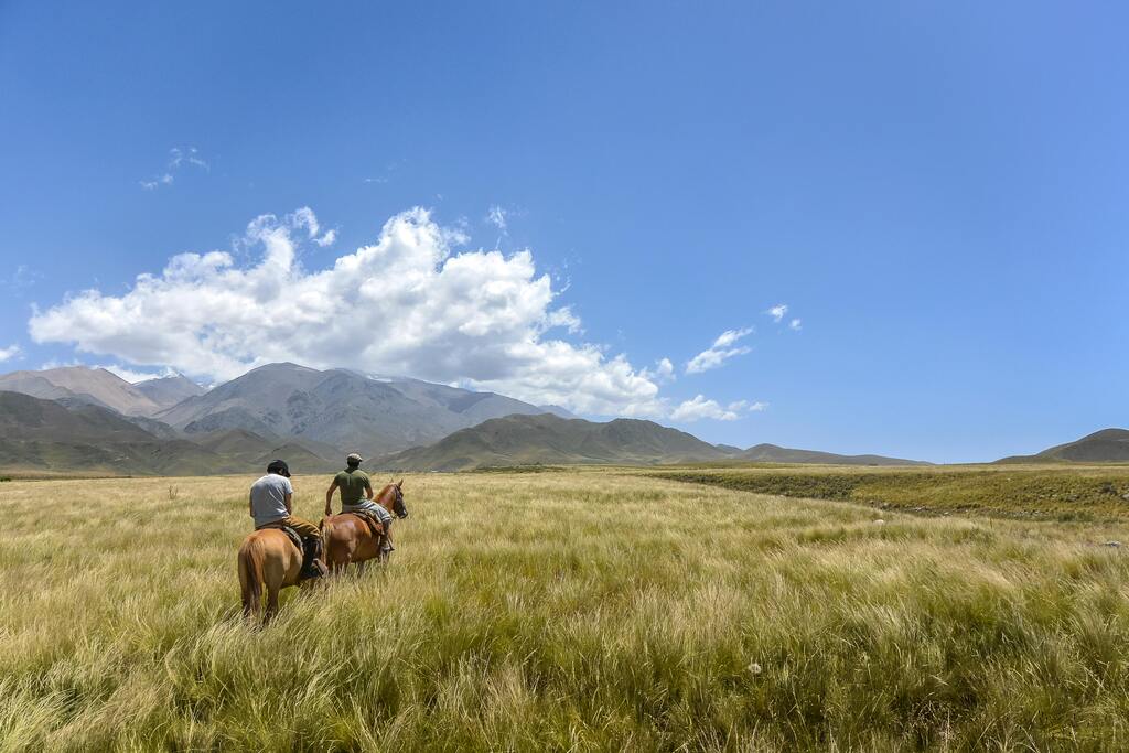 Balade à cheval en Patagonie: deux cavaliers traversant une vaste plaine dorée avec les montagnes en arrière-plan.