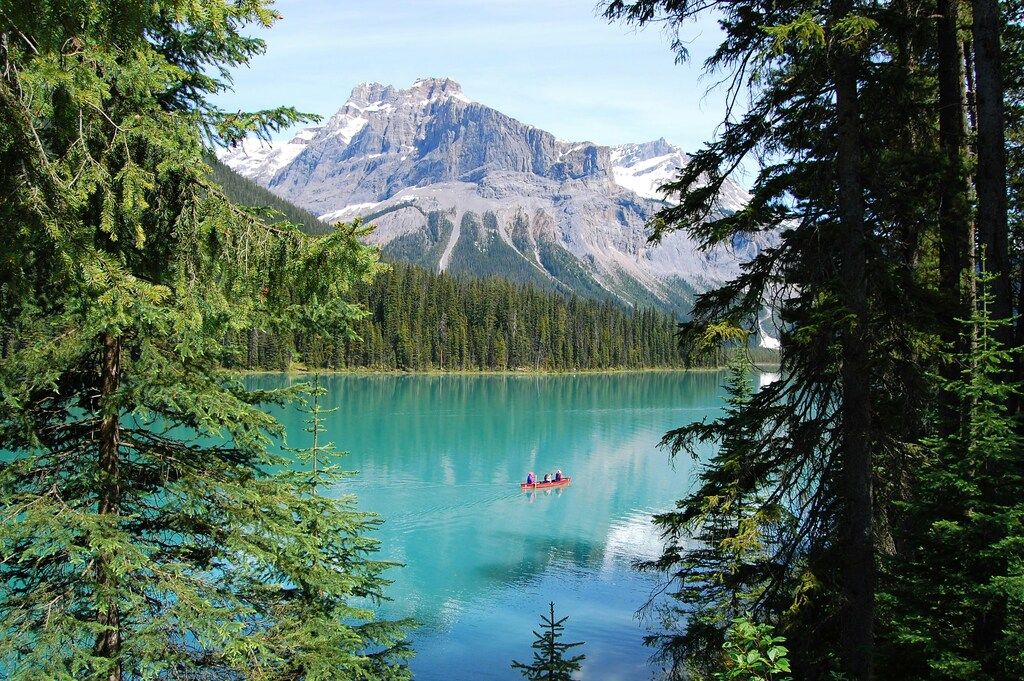 Canoë sur le lac Emerald entouré de forêts et de montagnes rocheuses dans le parc national Yoho, Colombie-Britannique.