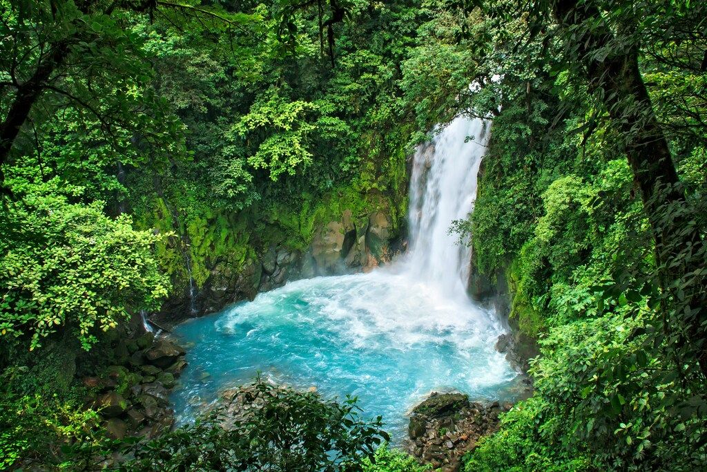Cascade turquoise dans la jungle costaricaine du parc national du Rio Celeste