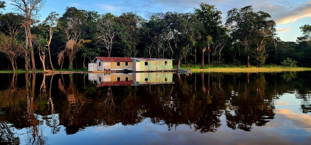 Maisons flottantes traditionnelles sur le fleuve Amazone au coucher du soleil, entourées de forêt amazonienne
