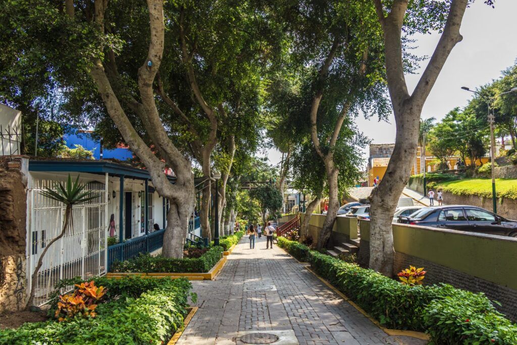 Allée pavée bordée d'arbres et de maisons colorées à Barranco Lima.