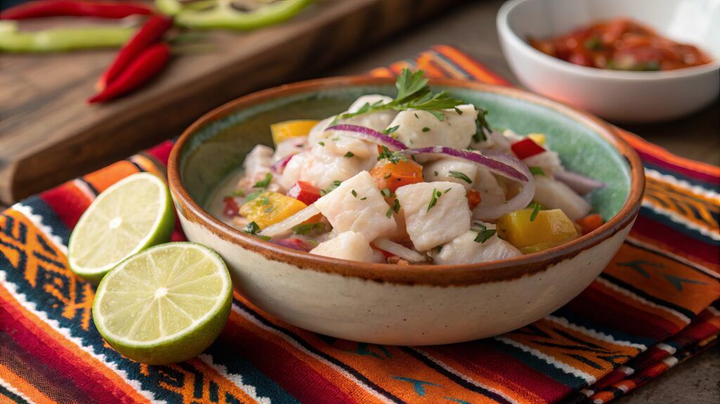 Bol de Ceviche péruvien avec poisson, oignons rouges et piment, servi avec des citrons verts.
