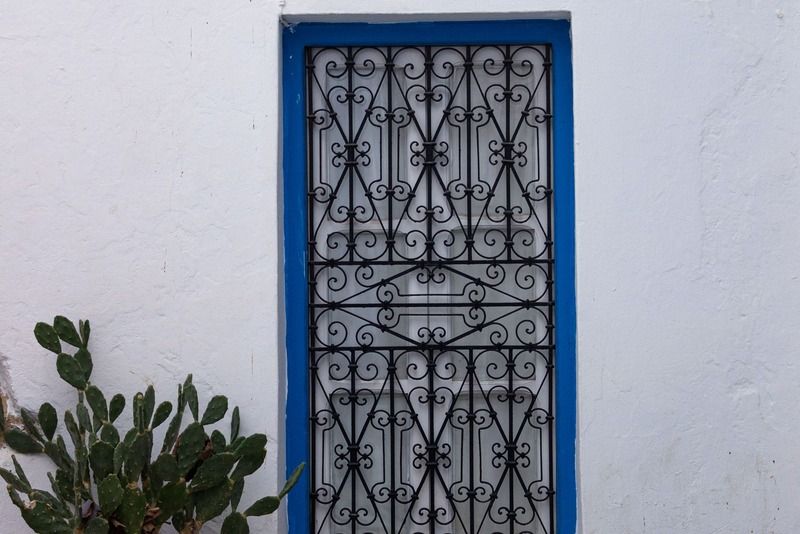 Porte bleue à grille en fer forgé sur un mur blanchi à la chaux, avec un cactus en pot dans une ruelle de médina tunisienne
