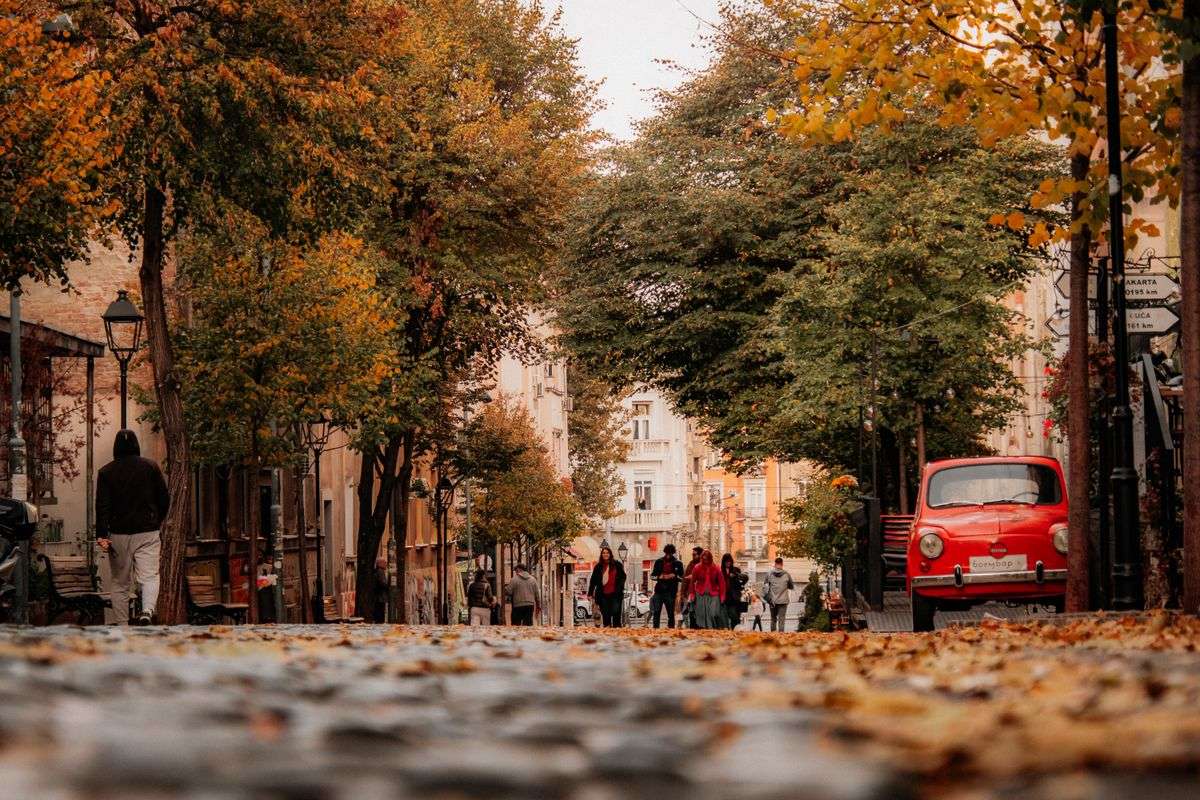 Rue bordée d’arbres en automne avec feuilles au sol, passants et voiture rouge