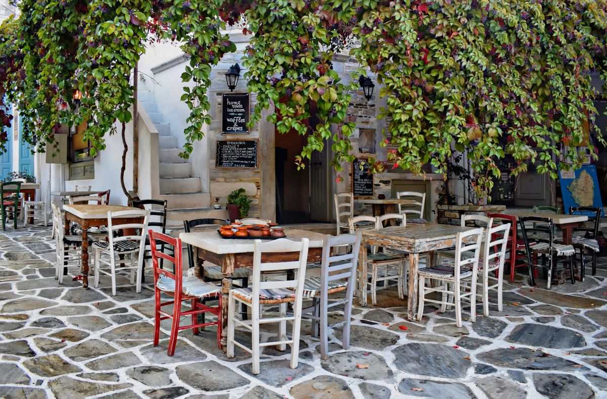 Terrasse de café en pierre avec tables et chaises en bois, sous une treille dense aux feuilles rouges et vertes