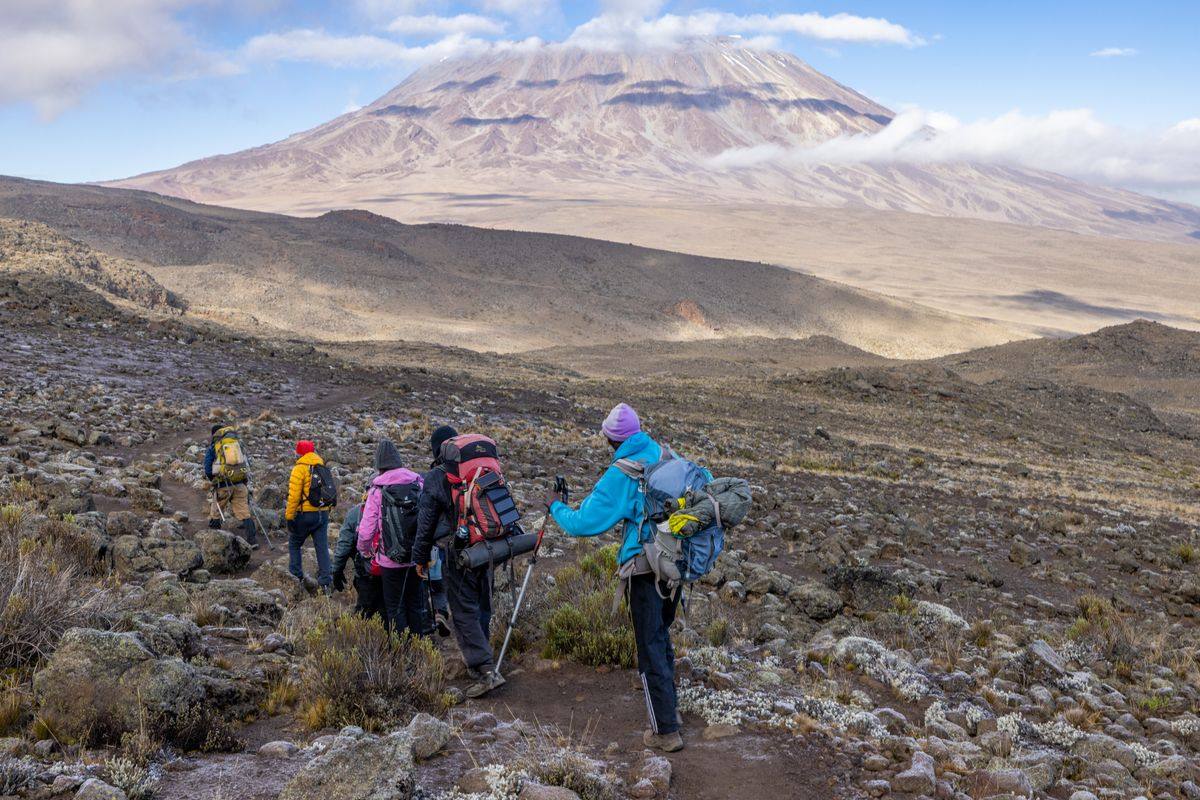 Groupe de randonneurs sur un sentier rocailleux avec le Kilimandjaro en arrière-plan